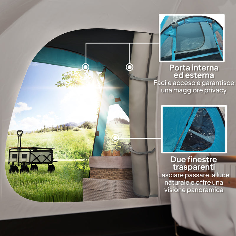 Tenda da Campeggio per 3 Persone Impermeabile con Camera e Veranda Azzurro    