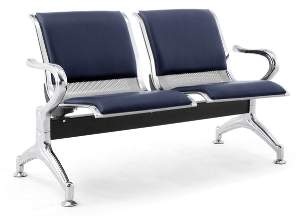 sconto Panca per Sala Attesa 2 Posti da Ufficio con Cuscino in Acciaio e Similpelle Argento/Blu Navy