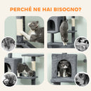 Albero Tiragraffi per Gatti Alto 202 cm con 6 Pali in Sisal Casette Amache e Lettino Grigio      