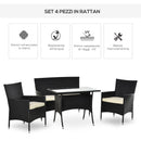 Set da Giardino Divano 2 Poltrone e Tavolo in Rattan Nero