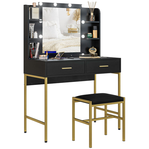 online Consolle Trucco 2 Cassetti 6 Ripiani e Specchio 90x45x132,5 cm in Legno e Acciaio Nero