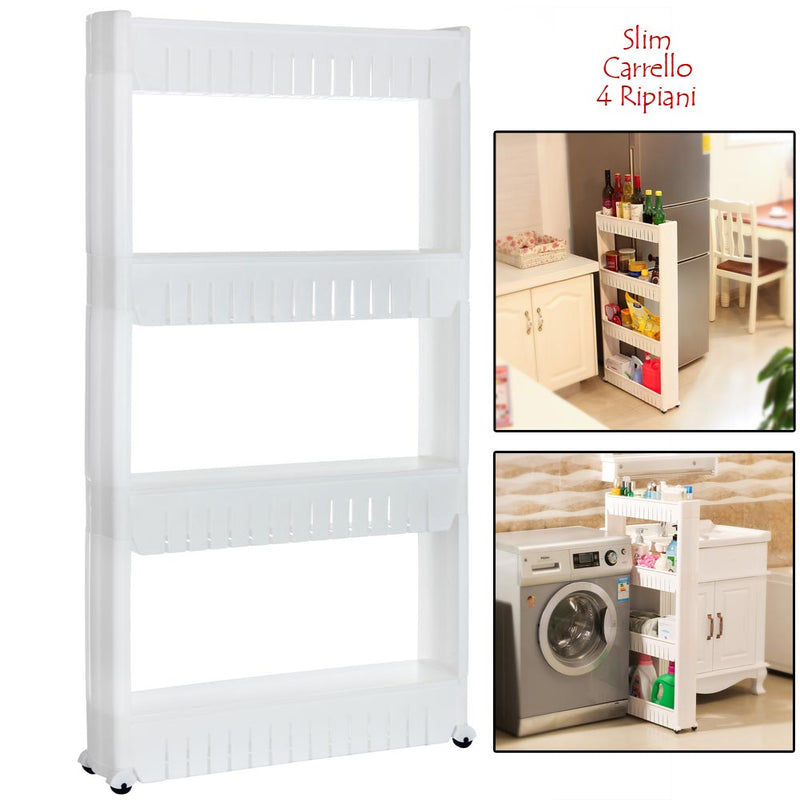 Carrello Carrellino Slim Salvaspazio Cucina Bagno Ripostiglio 4 Ripiani e 4Ruote
