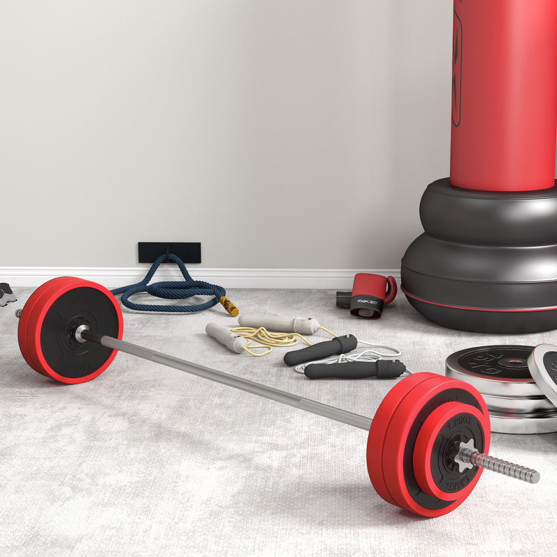 Set Bilanciere e Dischi da 30Kg Totali con 6 Pesi e 2 Dadi in Acciaio Rosso    