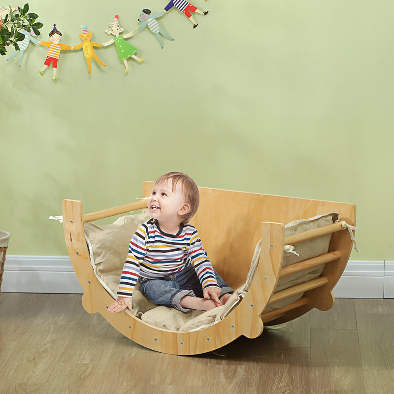 Arco Montessoriano 3 in 1 per Bambini da 18-48 Mesi Arrampicata Tavolino e Dondolo con Cuscino in Pino Color Legno      