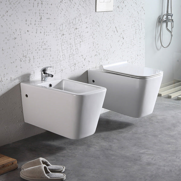 acquista Coppia di Sanitari WC e Bidet Sospesi Filo Muro in Ceramica 36,5x58x33cm Bianco