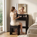 Tavolo da Trucco con Specchio 75x38x135 cm con 3 Ripiani 2 Cassetti e Sgabello in Legno e Vetro Nero      