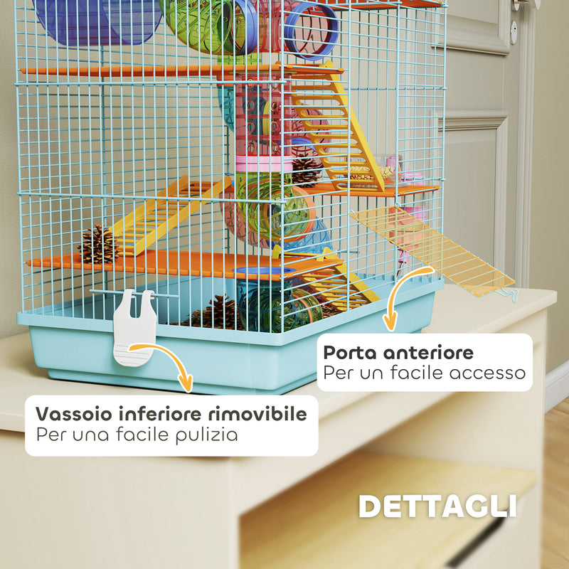 Gabbia per Criceti a 5 Piani 47x30x59 cm con Tubi Colorati e Accessori in Metallo Azzurro  