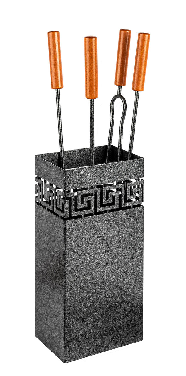 Trespolo per Attrezzi Camino Rettangolare Sagoma Greca con Paletta Scopino Attizzino e Pinza 17,5x12,5x62 cm in Ferro Verniciato Grigio Martellato acquista