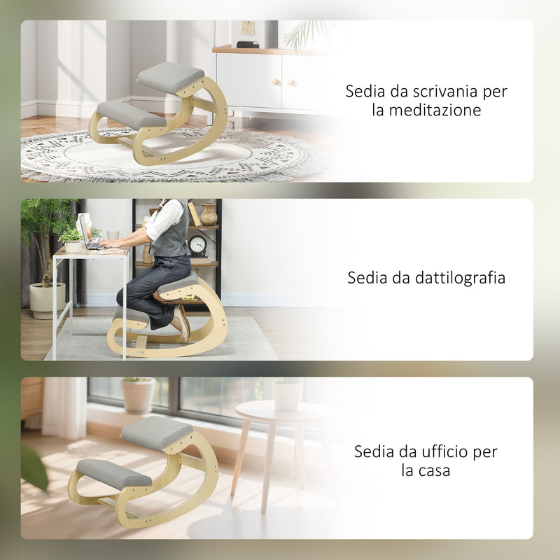 Sedia Ergonomica con Inginocchiatoio 55x85x55 cm Reclinabile in Tessuto Effetto Lino e Legno Grigio Chiaro 