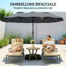 Ombrellone Doppio da Giardino a 12 Stecche con Manovella Base a Croce e Sacchi in Metallo e Poliestere Grigio Scuro      