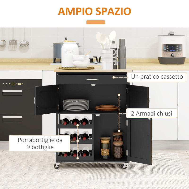 Carrello da Cucina con Portabottiglie Integrato 67x37x87 cm in Legno Nero e Rovere  