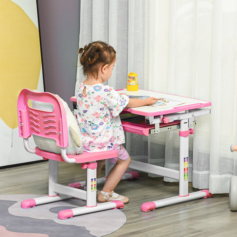 Banco Scuola per Bambini Piano Inclinabile e Sedia Regolabile 66x47x52-77 cm Rosa 