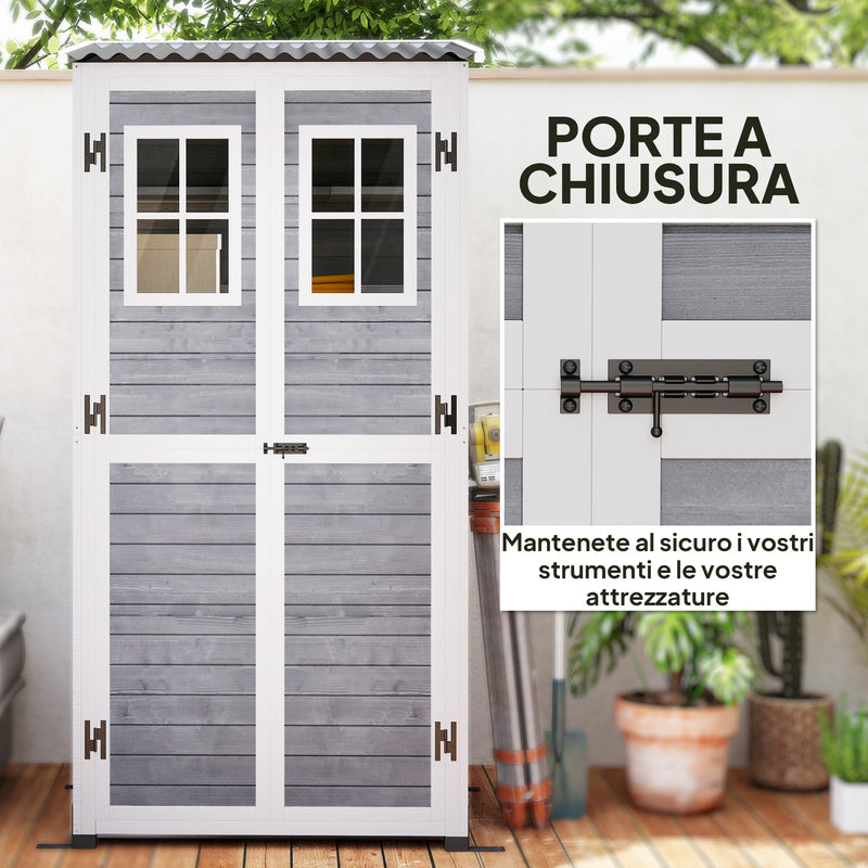 Armadio Porta Attrezzi da Esterno 91x69x185-192H cm Tetto inclinato in Plastica in Legno Grigio  