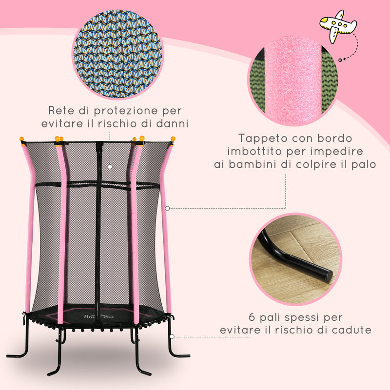 Trampolino Tappeto Elastico per Bambini con Ingresso a Cerniera e Pali Imbottiti Ø163.5x190 cm in Acciaio, PP e EPE Rosa 