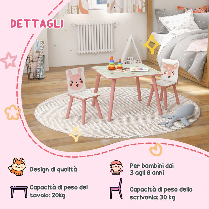 Set Tavolo con 2 Sedie per Bambini in Legno di Pino e MDF Rosa
