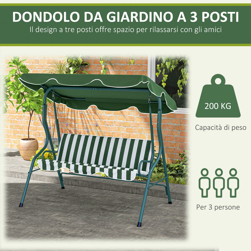 Dondolo 3 Posti con Tettuccio Regolabile 170x110x153 cm in Acciaio e Poliestere Verde e Bianco-6
