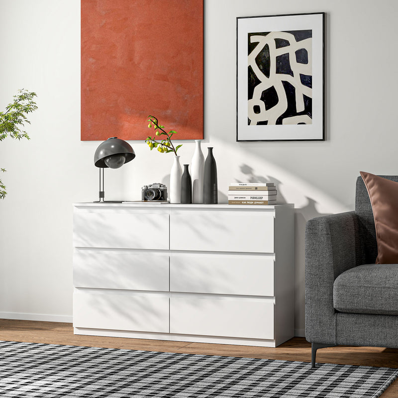 Comò Cassettiera 6 Cassetti 120x39x75 cm con Maniglie a Gola in Legno Bianco   