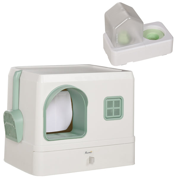 sconto Lettiera Coperta per Gatti 50x40x40 cm con Fontanella Vassoio e Paletta Verde e Bianca