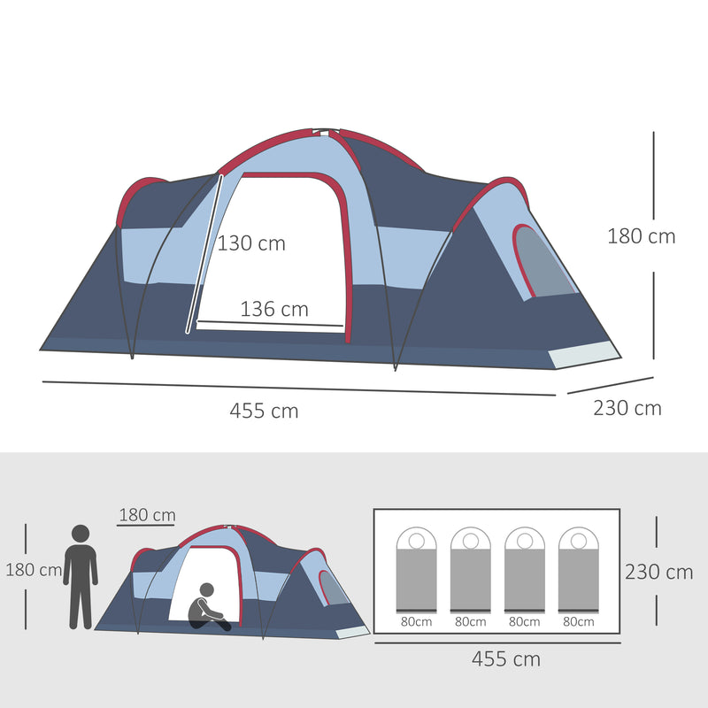 Tenda da Campeggio per 6 Persone 4,55x2,3x1,8m con Pali in Fibra di Vetro Grigia