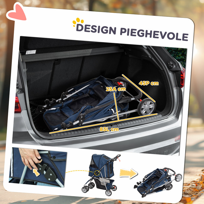 Passeggino per Cani Pieghevole 75x45x97 cm Peso Max 10 kg con Cestino e Portabicchiere Blu Scuro 