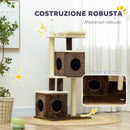 Albero Tiragraffi per Gatti 55x48x107 cm 2 Casette Lettino e Pallina in Tessuto Peluche Marrone e Beige 
