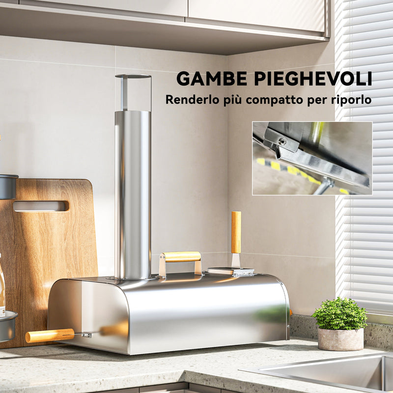 Forno per Pizza a Pellet 79x36x75 cm con Pietra Refrattaria e Pala in Acciaio Inox Argento  