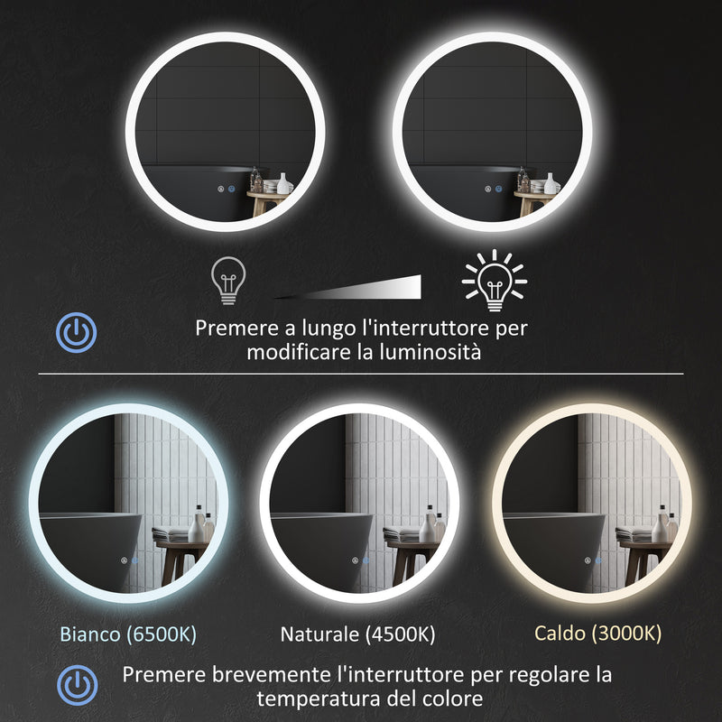 Specchio Bagno con Luci LED 3 Tonalità Ø60 cm Controllo Touch e Design Antiappannamento   