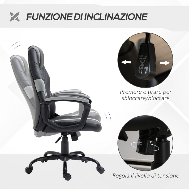 Sedia da Gaming Girevole Reclinabile 63x70x104-112 cm in Similpelle Nero e Grigio