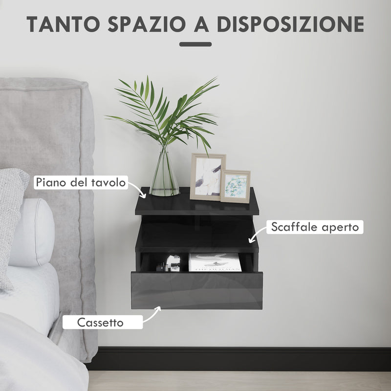 Set 2 Comodini Sospesi con Cassetto e Mensola 35x32x22,5 cm Nero Lucido   
