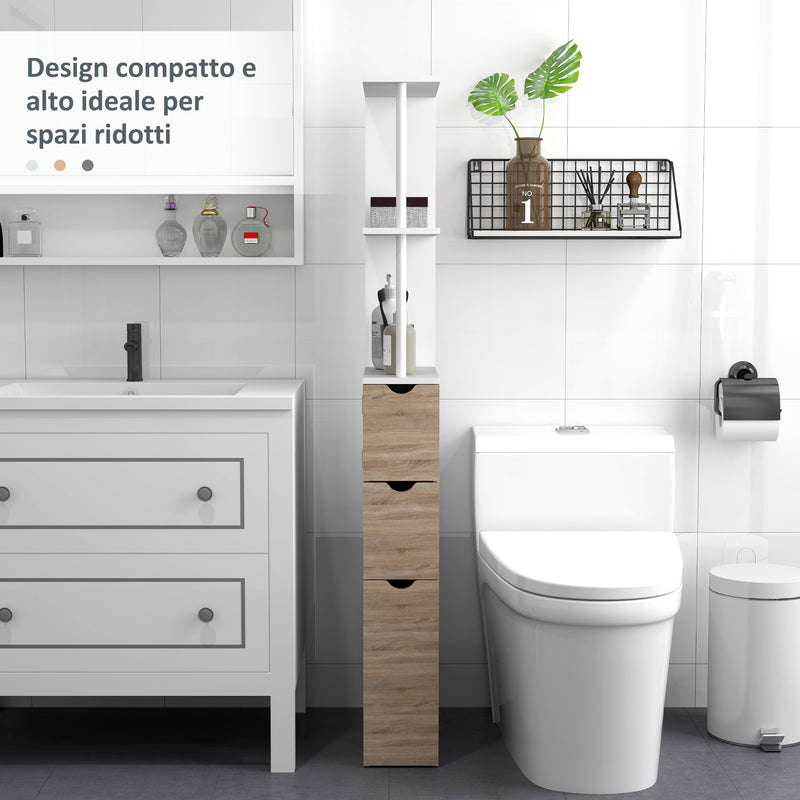 Mobile Colonna Bagno Salvaspazio  15x33x136 cm con Armadietto e Ripiani Legno e Bianco   