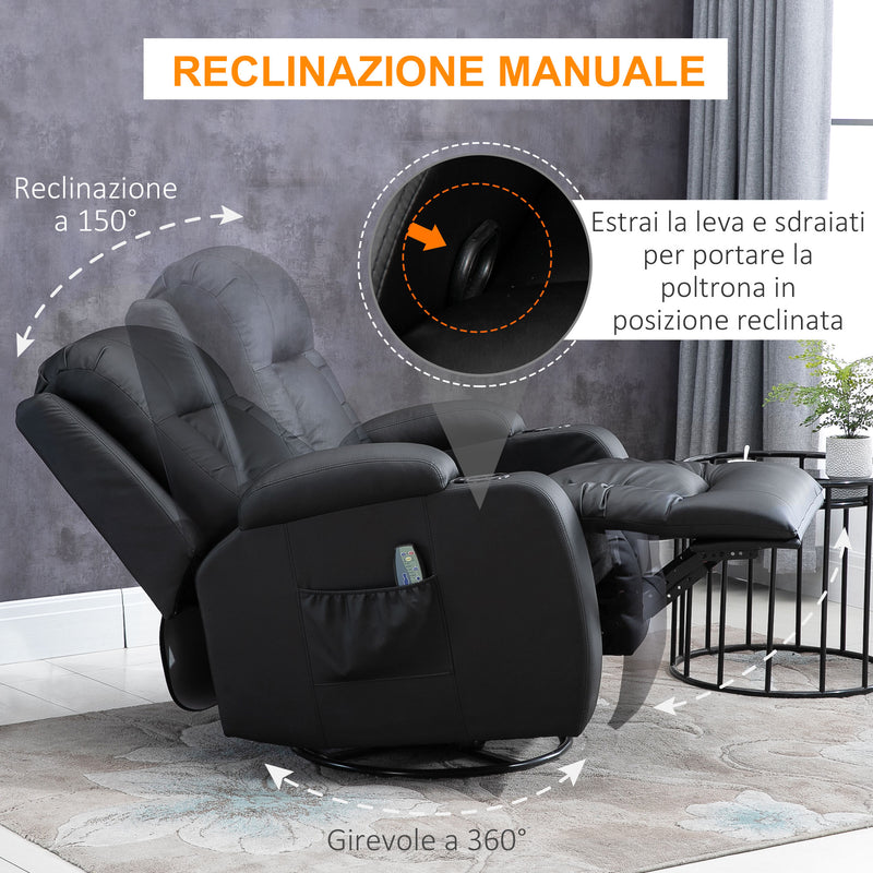 Poltrona Relax Elettrica Massaggiante e Riscaldata 1 Motore 85x94x104 cm in Similpelle Nera-6