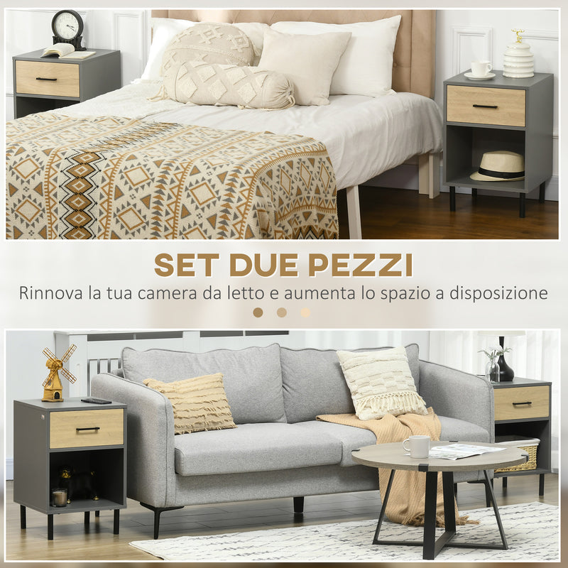 Set 2 Comodini 40x40Px60 cm in Metallo e Truciolato Grigio e Rovere