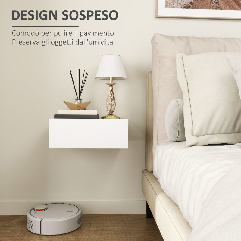 Comodino Sospeso Moderno 40x30x15 cm con Cassetto in Legno Bianco   