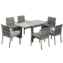 Set Tavolo Allungabile e 6 Sedie da Giardino con Cuscini in Rattan PE Grigio e Marrone
