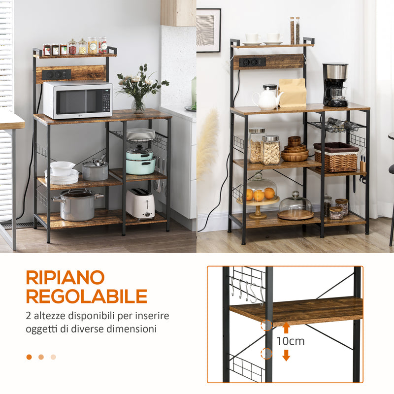 Scaffale Cucina con Multopresa 90x42x130 cm in Legno e Acciaio Marrone Rustico
