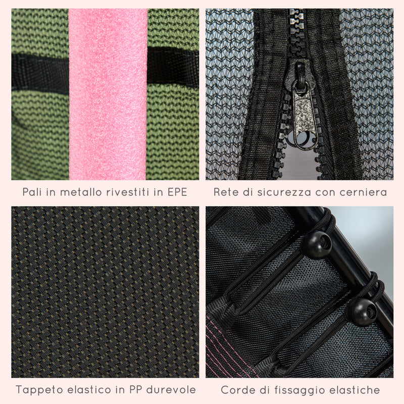 Trampolino Tappeto Elastico per Bambini con Ingresso a Cerniera e Pali Imbottiti Ø163.5x190 cm in Acciaio, PP e EPE Rosa 