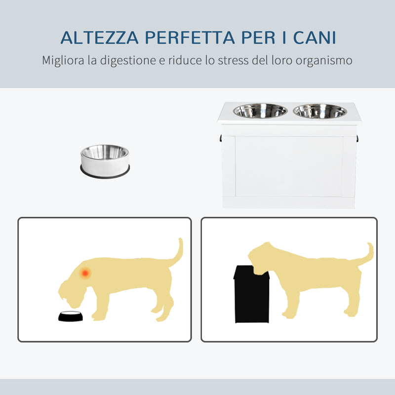 Ciotole per Cani Grandi Rialzate 60x30x41 cm in Acciaio Inox e MDF Bianco 