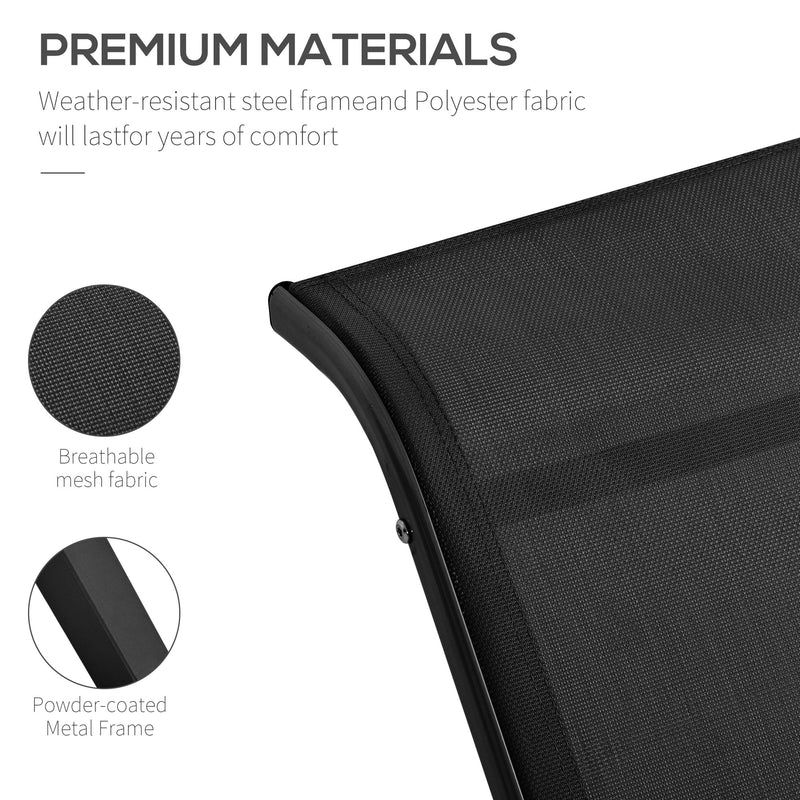 Set 2 Lettini Prendisole e Tavolino con Ripiano 59x169x66 cm in Tessuto Traspirante e Metallo Nero