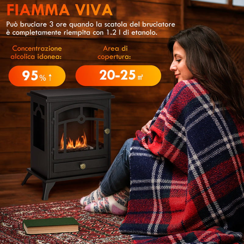 Camino a Bioetanolo da Pavimento Stile Classico 45x28x54 cm Bruciatore da 1,2L in Acciaio Nero