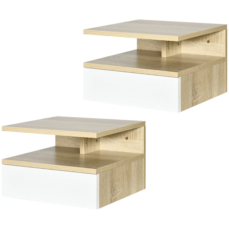Set da 2 Comodini Sospesi con Cassetto e Ripiano Superiore 35x32x22,5 cm in Legno Bianco e Rovere