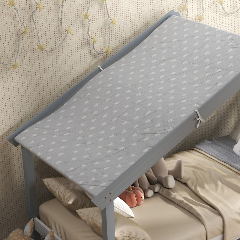 Letto Singolo per Bambini Casetta Tetto Stellato in Tessuto 213x100x140 cm Grigio  