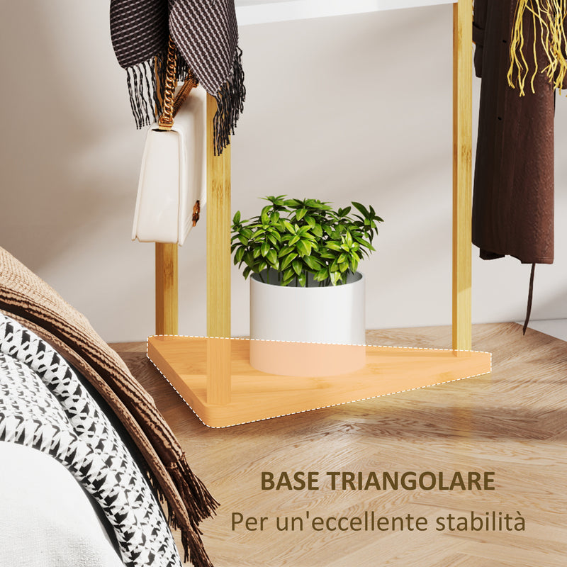 Albero Appendiabiti da Terra 45x45x170 cm con 8 Ganci e 3 Ripiani in Bambù Naturale e Bianco 