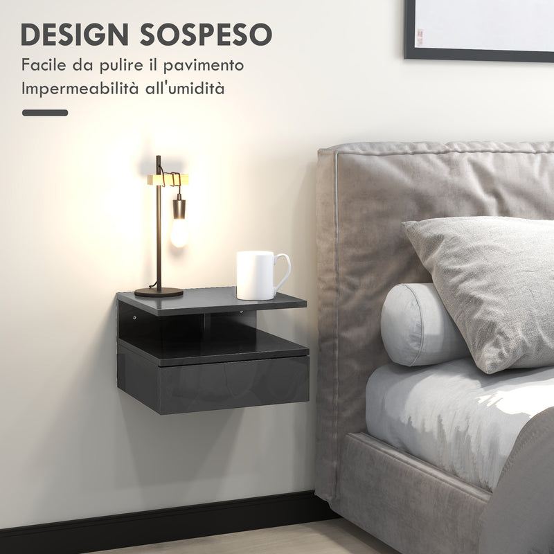 Set 2 Comodini Sospesi con Cassetto e Mensola 35x32x22,5 cm Nero Lucido   