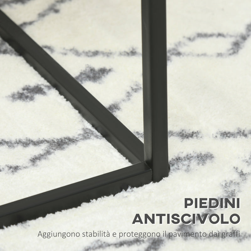 Set 2 Tavolini Quadrati Impilabili in Acciaio e Vetro Temperato Nero e Effetto Marmo