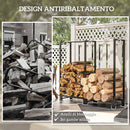 Portalegna per Camino da Esterno a 2 Sezioni 123x32x115 cm con Ganci e Anelli in Acciaio Verniciato Nero