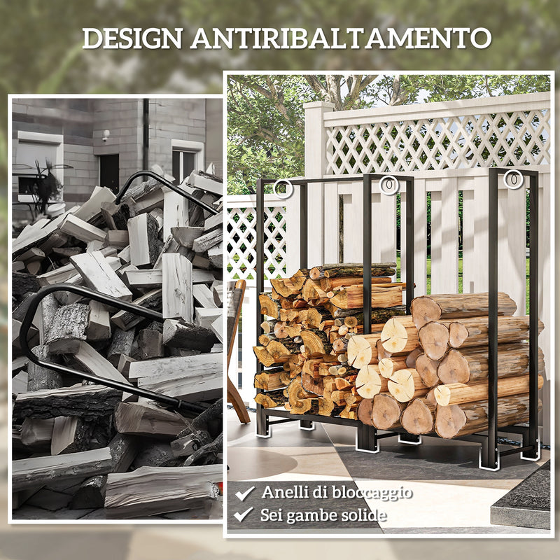 Portalegna per Camino da Esterno a 2 Sezioni 123x32x115 cm con Ganci e Anelli in Acciaio Verniciato Nero