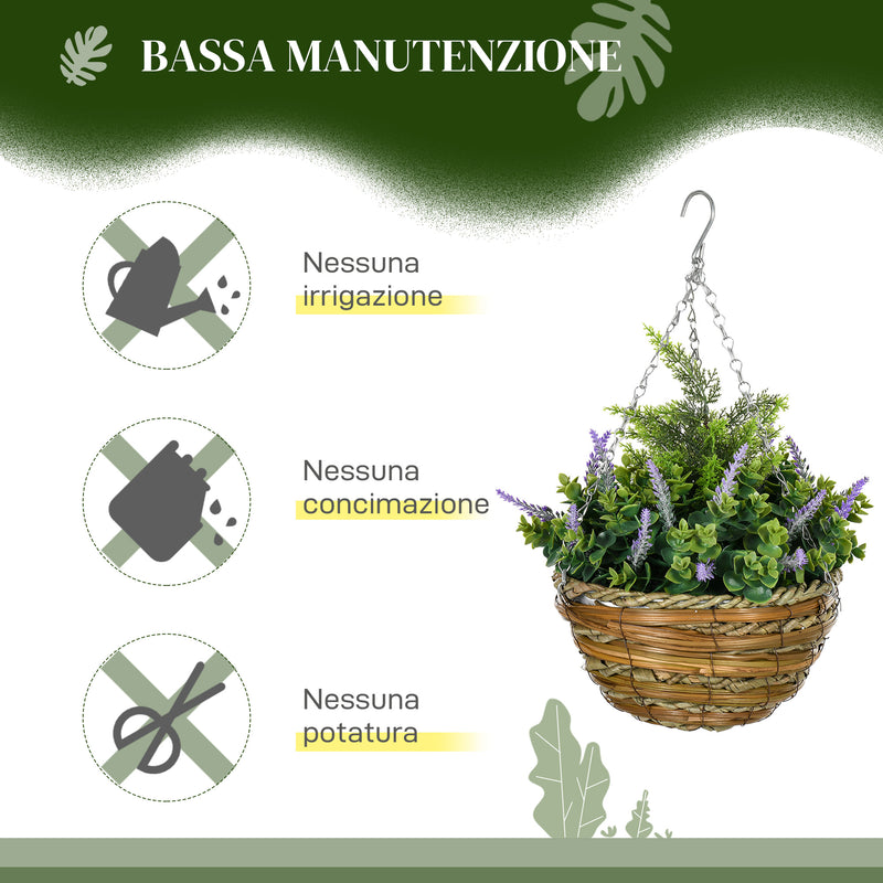 Set 2 Piante Artificiali di Lavanda Ø25x34 cm con Vaso e Gancio in PE e Vimini Verde e Viola 