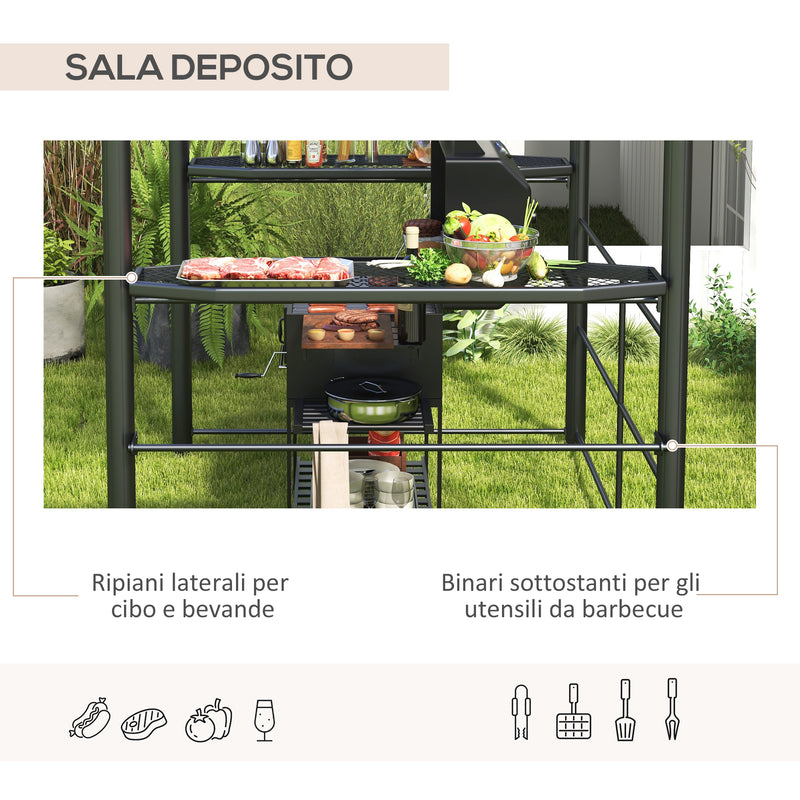 Gazebo per Barbecue con Tetto e 2 Ripiani Portaoggetti 240x150x230 cm in Metallo e PC Grigio Scuro-5
