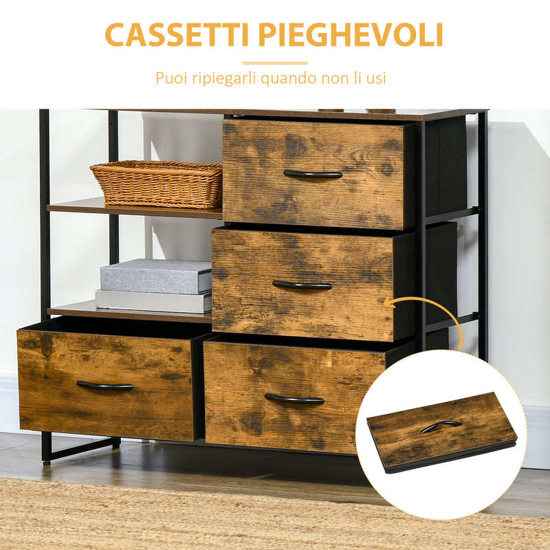 Cassettiera 4 Cassetti in Tessuto Pieghevole e 2 Ripiani 84x30x71,5 cm in Stile Industriale Marrone