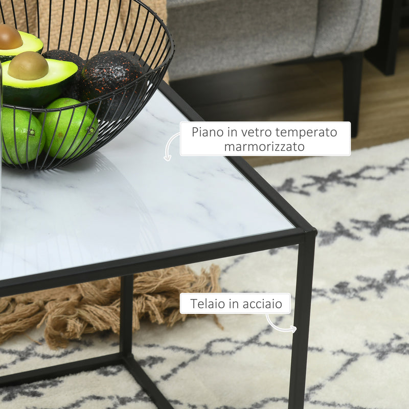 Set 2 Tavolini Quadrati Impilabili in Acciaio e Vetro Temperato Nero e Effetto Marmo